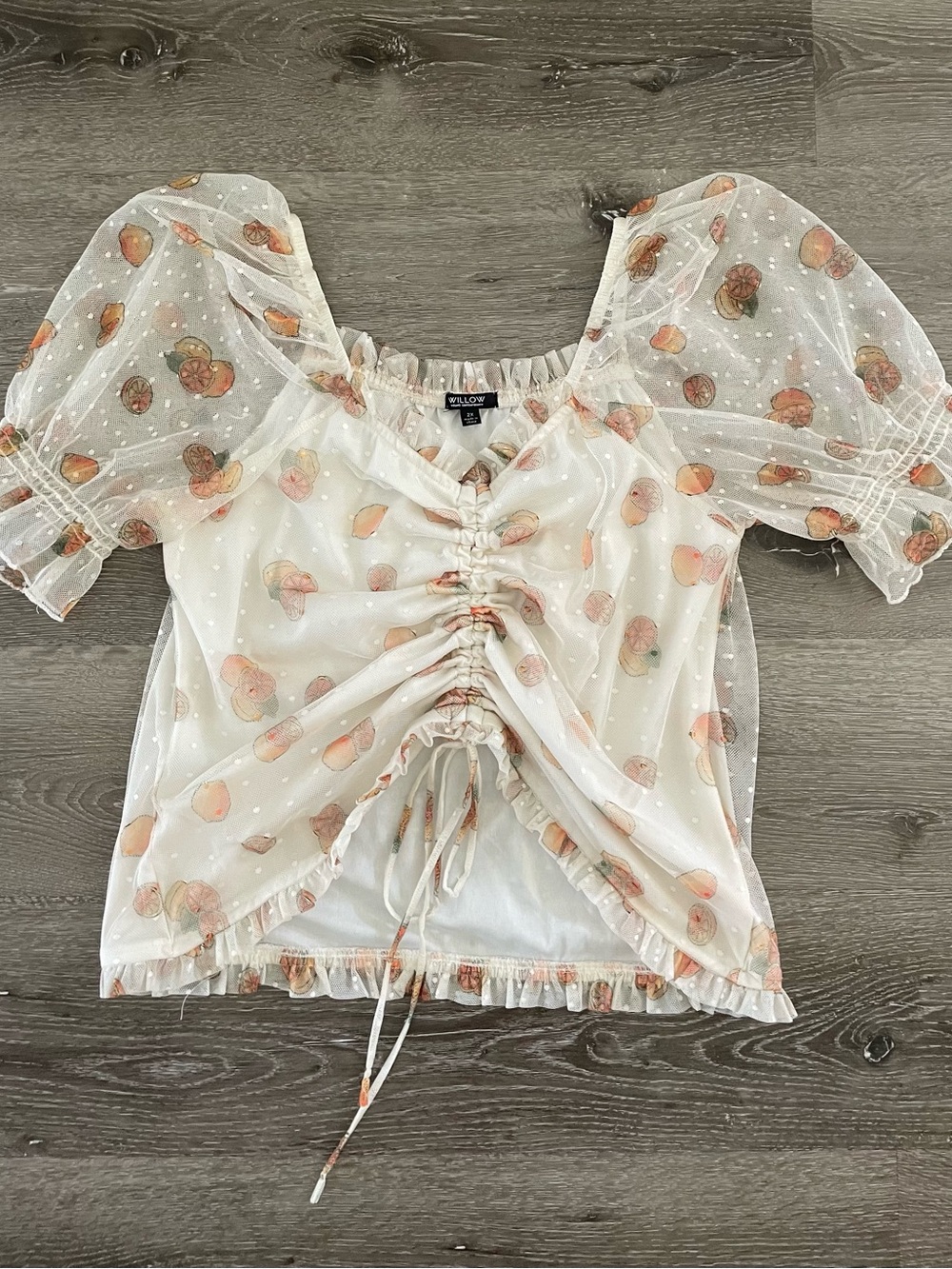 Willow White Sheer Peach-Print Ruched Puff Sleeve Top 2XL preppy